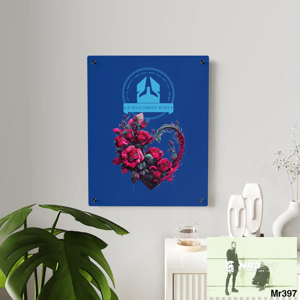 A Who Dares Wins Heart made of Pink Roses on Black Background Acrylic Wall Art Panels Home Decor