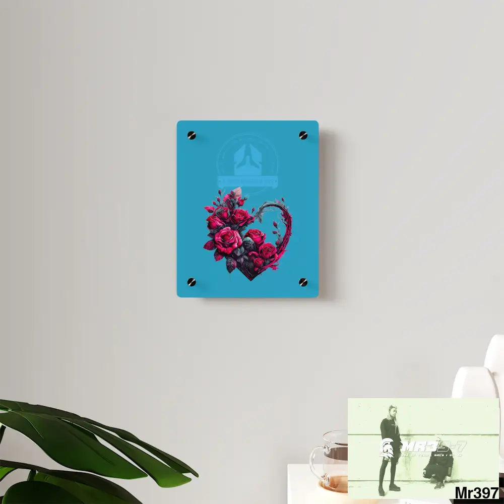 A Who Dares Wins Heart made of Pink Roses on Black Background Acrylic Wall Art Panels Home Decor