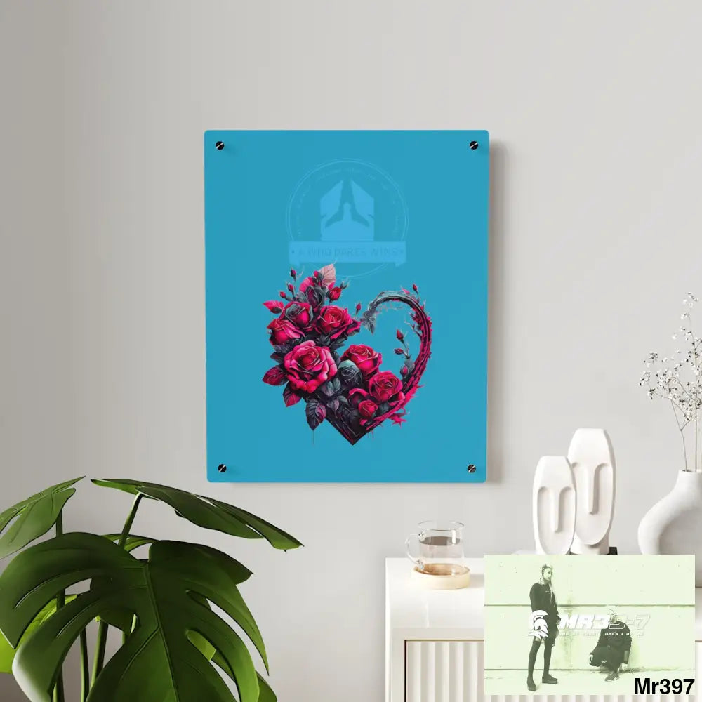 A Who Dares Wins Heart made of Pink Roses on Black Background Acrylic Wall Art Panels Home Decor