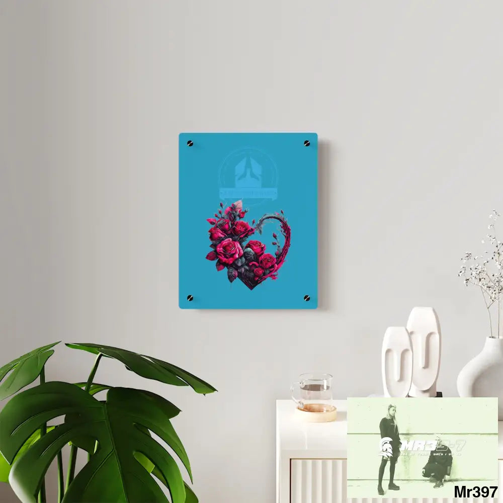A Who Dares Wins Heart made of Pink Roses on Black Background Acrylic Wall Art Panels Home Decor