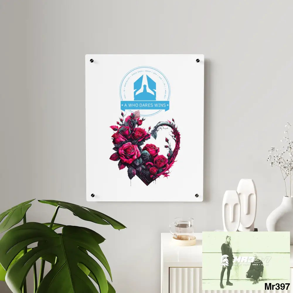 A Who Dares Wins Heart made of Pink Roses on Black Background Acrylic Wall Art Panels Home Decor
