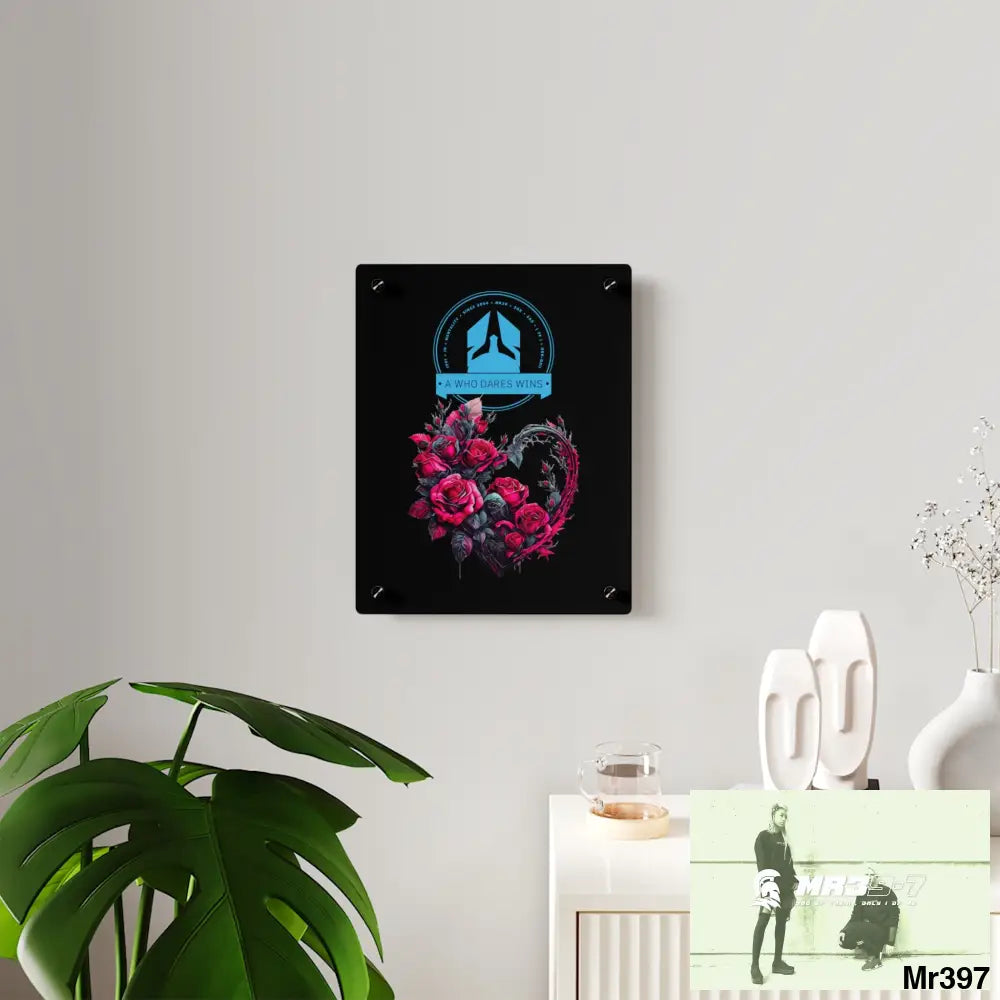 A Who Dares Wins Heart made of Pink Roses on Black Background Acrylic Wall Art Panels Home Decor