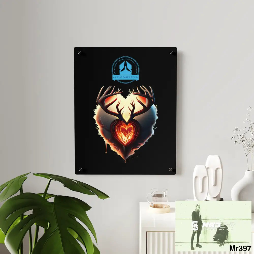 A Who Dares Wins Heart of Fire Stag Antler Graphic Acrylic Wall Art Panels Home Decor