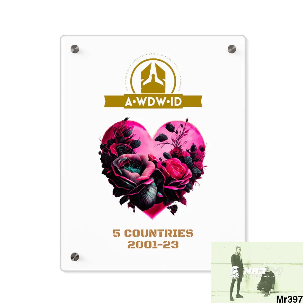 A Who Dares Wins (ID) RSF 5 Countries 2001-23 Heart made of pink roses with black accents Acrylic Wall Art Panels 11″ x