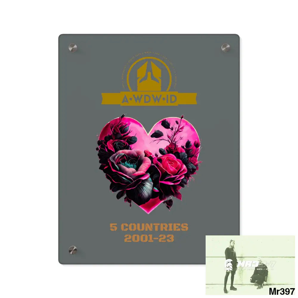 A Who Dares Wins (ID) RSF 5 Countries 2001-23 Heart made of pink roses with black accents Acrylic Wall Art Panels 11″ x