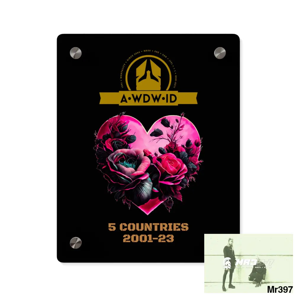 A Who Dares Wins (ID) RSF 5 Countries 2001-23 Heart made of pink roses with black accents Acrylic Wall Art Panels 8″ x