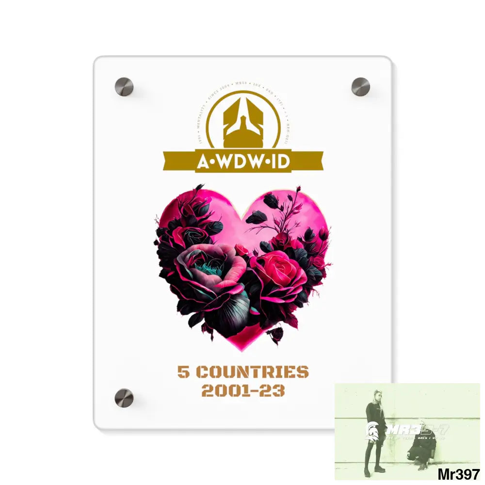 A Who Dares Wins (ID) RSF 5 Countries 2001-23 Heart made of pink roses with black accents Acrylic Wall Art Panels 8″ x