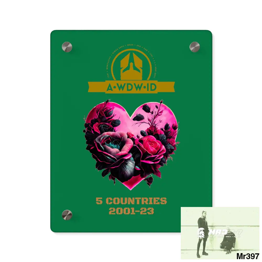 A Who Dares Wins (ID) RSF 5 Countries 2001-23 Heart made of pink roses with black accents Acrylic Wall Art Panels 8″ x
