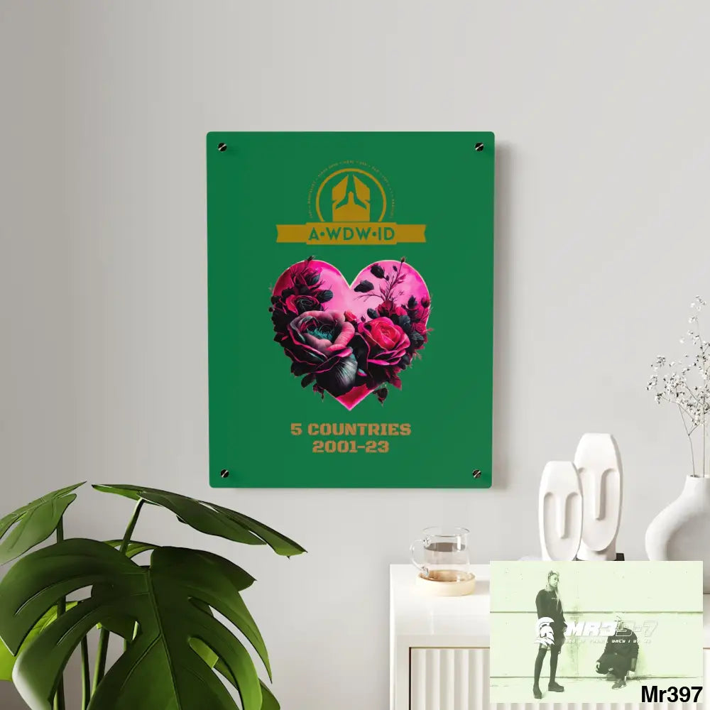 A Who Dares Wins (ID) RSF 5 Countries 2001-23 Heart made of pink roses with black accents Acrylic Wall Art Panels Home