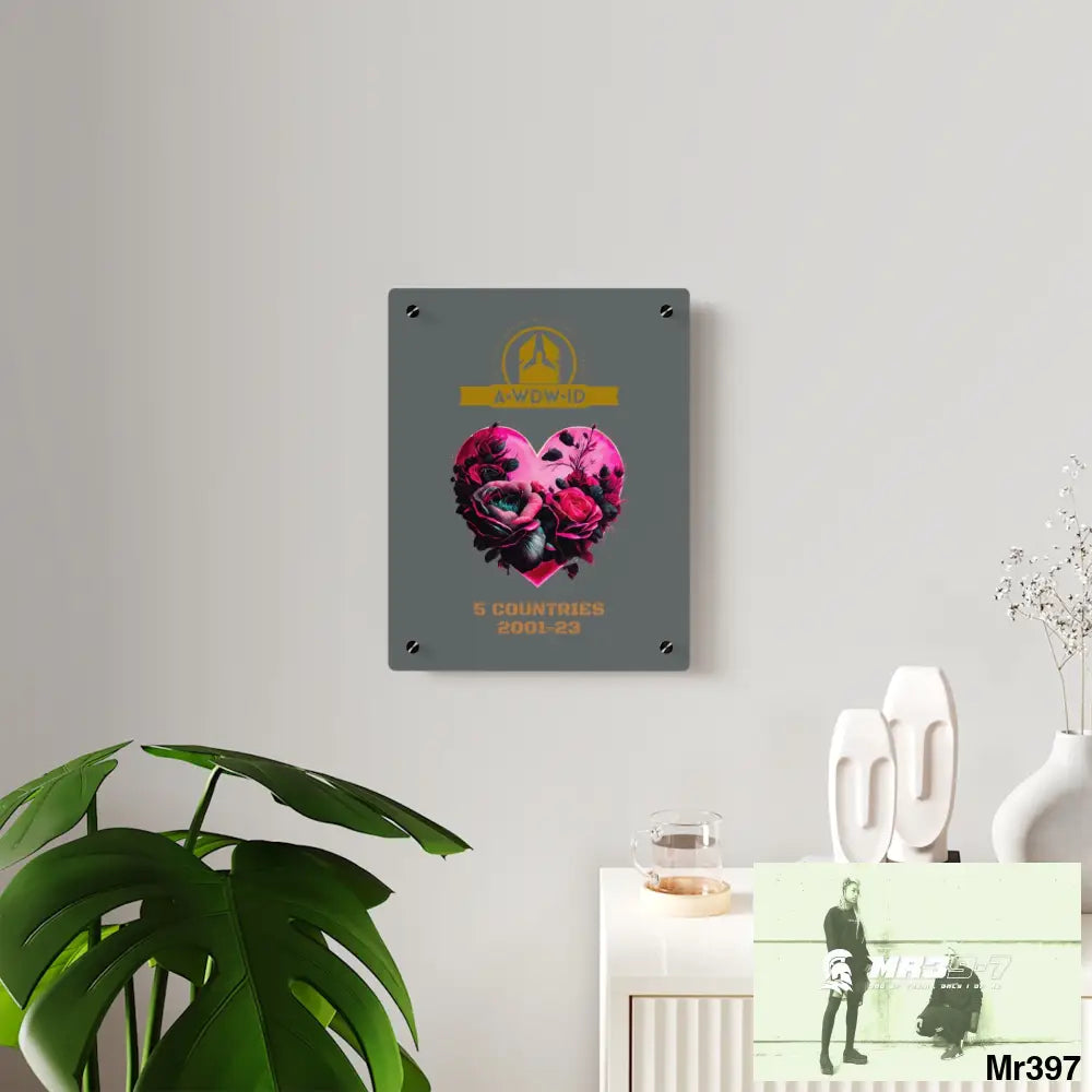 A Who Dares Wins (ID) RSF 5 Countries 2001-23 Heart made of pink roses with black accents Acrylic Wall Art Panels Home