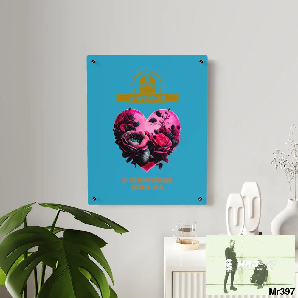 A Who Dares Wins (ID) RSF 5 Countries 2001-23 Heart made of pink roses with black accents Acrylic Wall Art Panels Home