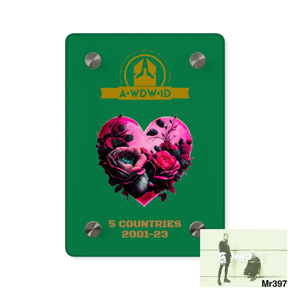 A Who Dares Wins (ID) RSF 5 Countries 2001-23 Heart made of pink roses with black accents Acrylic Wall Art Panels 5’’ x