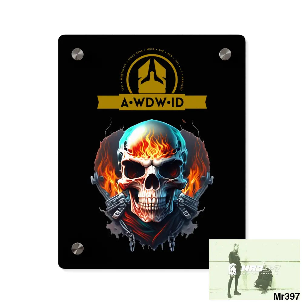 A Who Dares Wins ID RSF Flame Biker Skull Graphic Acrylic Wall Art Panels 8″ x 10″ (Vertical) / 0.25’’ Home Decor