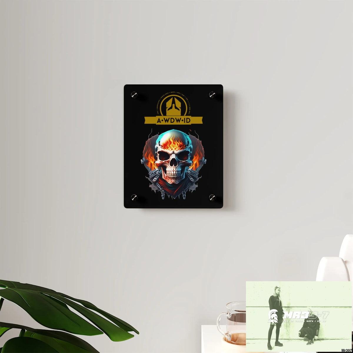 A Who Dares Wins ID RSF Flame Biker Skull Graphic Acrylic Wall Art Panels Home Decor