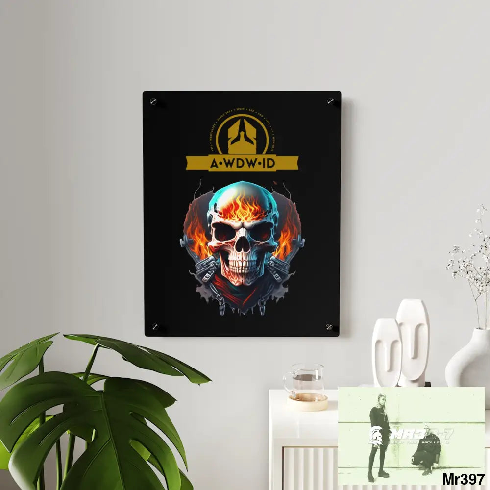 A Who Dares Wins ID RSF Flame Biker Skull Graphic Acrylic Wall Art Panels Home Decor