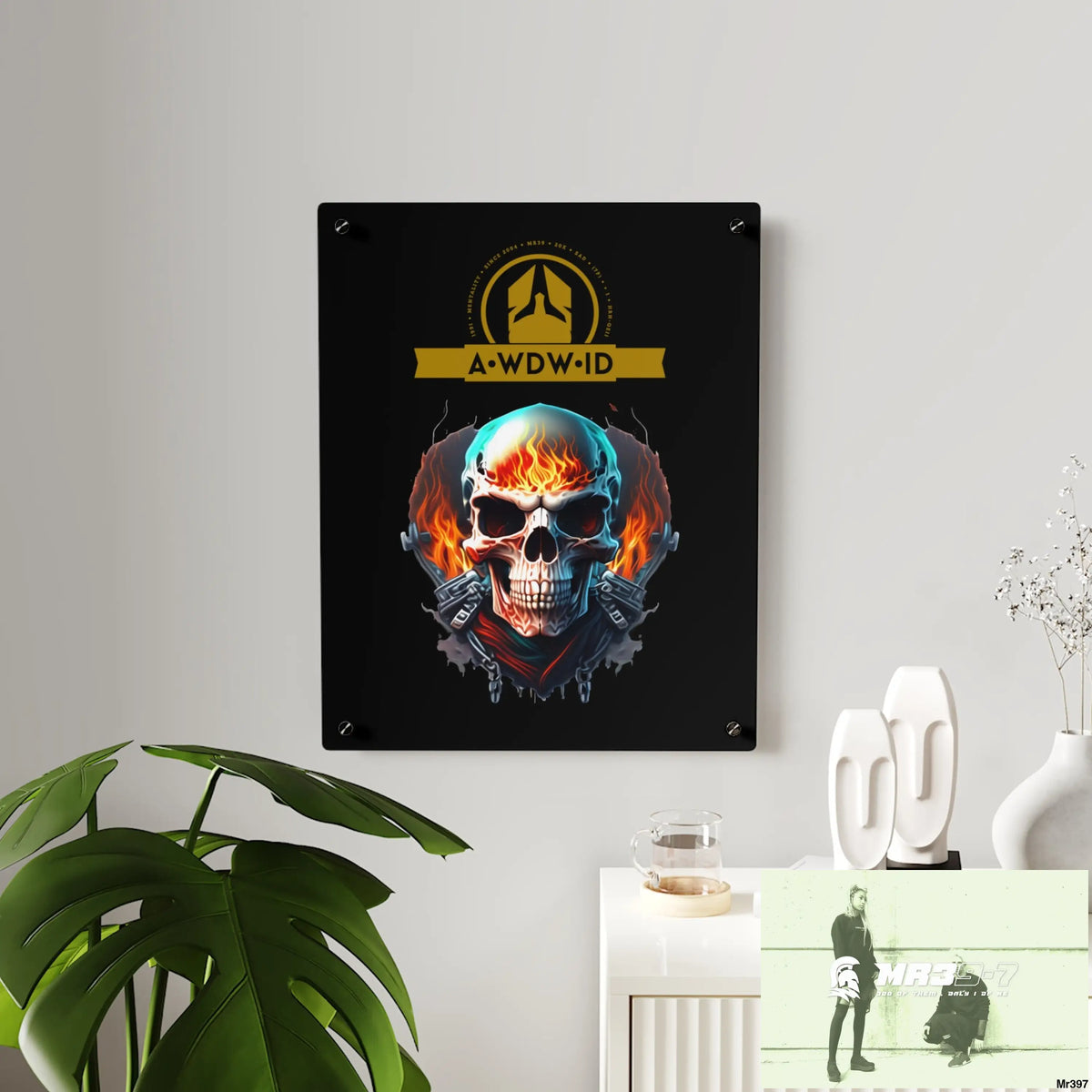 A Who Dares Wins ID RSF Flame Biker Skull Graphic Acrylic Wall Art Panels Home Decor