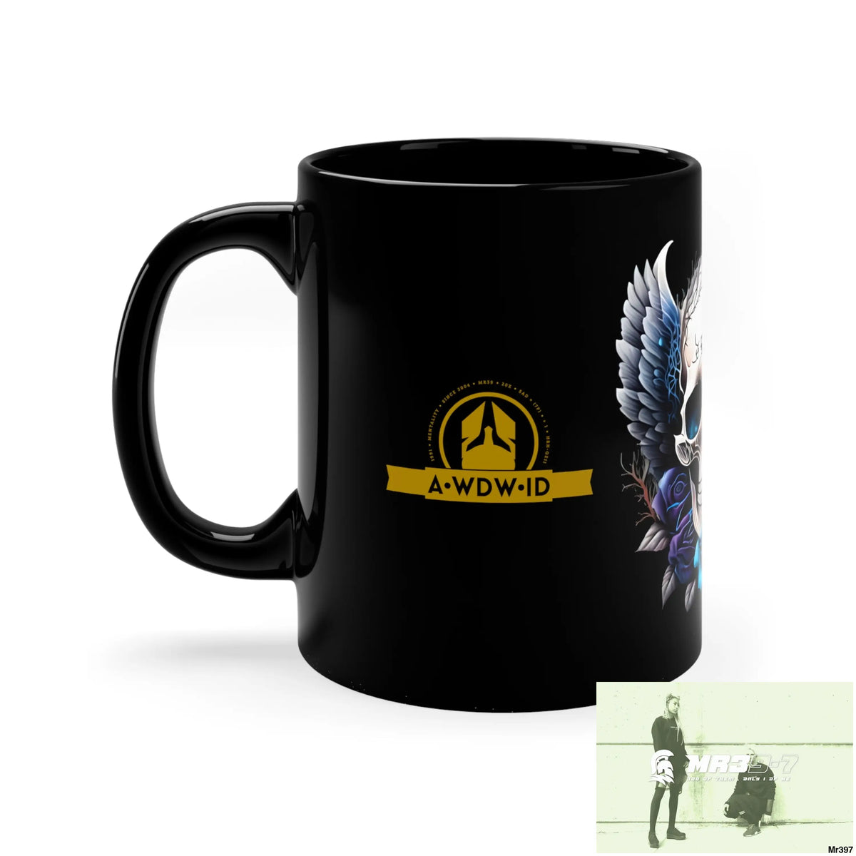 A Who Dares Wins (ID RSF) GBR Gothic Skull with Black Wings and Blue Roses 11oz Black Mug 11oz Mug