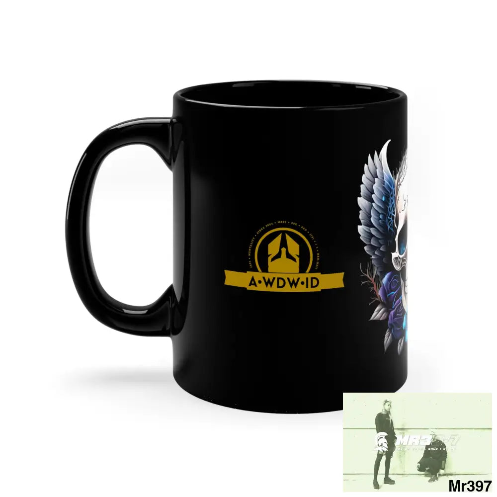 A Who Dares Wins (ID RSF) GBR Gothic Skull with Black Wings and Blue Roses 11oz Black Mug 11oz Mug