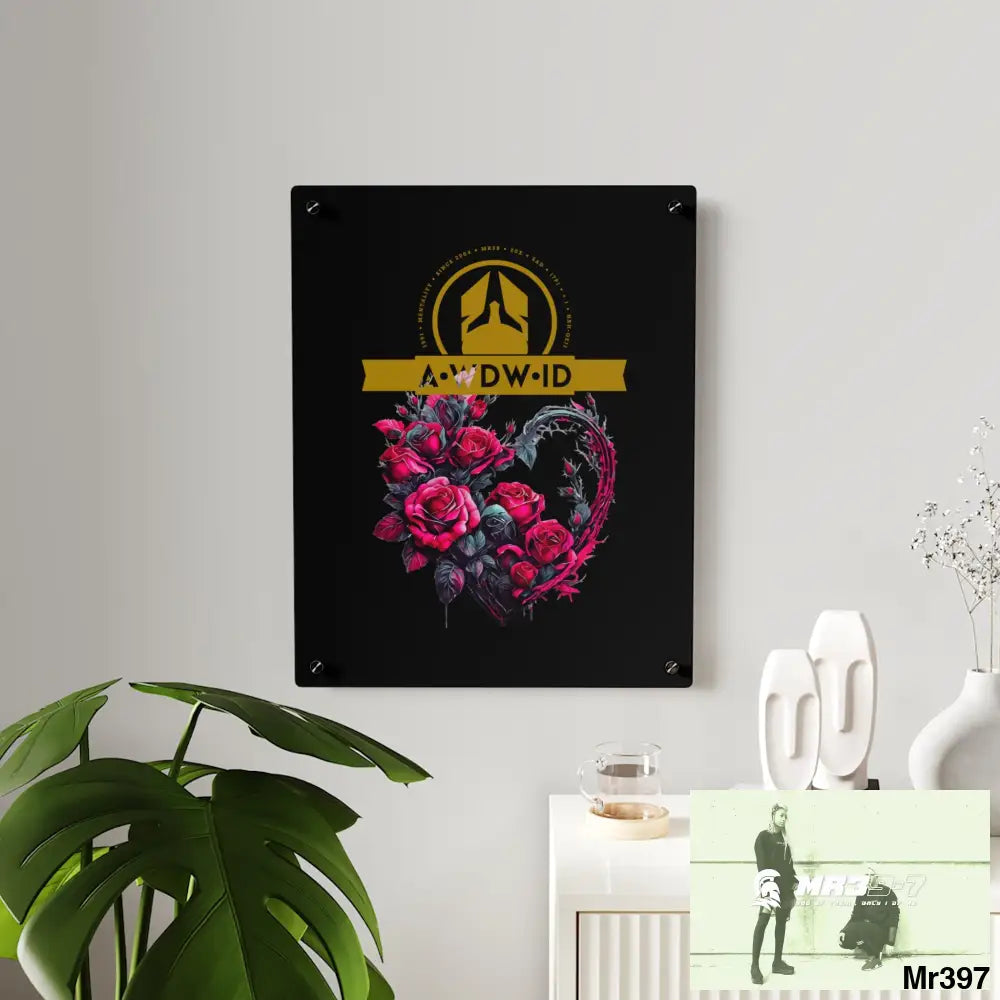 A Who Dares Wins (ID) RSF Heart made of Pink Roses on Black Background Acrylic Wall Art Panels Home Decor