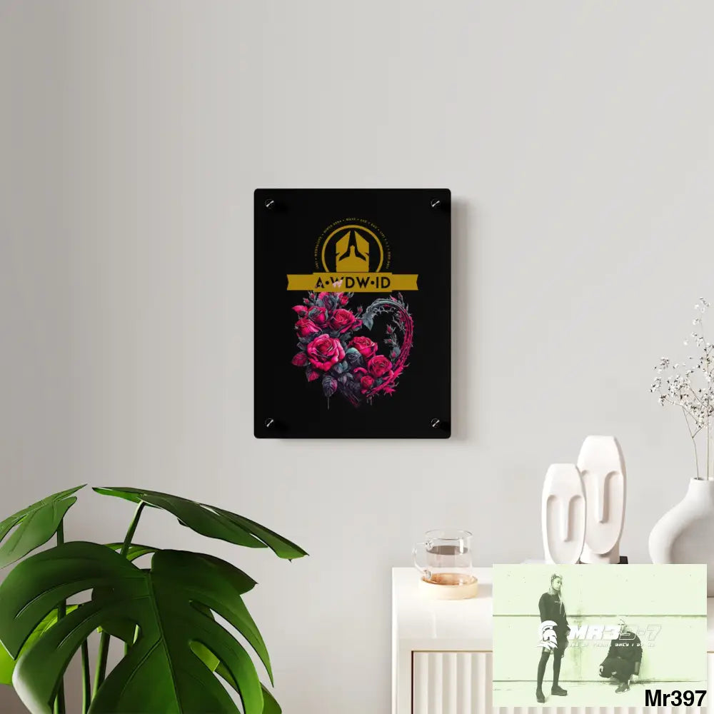 A Who Dares Wins (ID) RSF Heart made of Pink Roses on Black Background Acrylic Wall Art Panels Home Decor