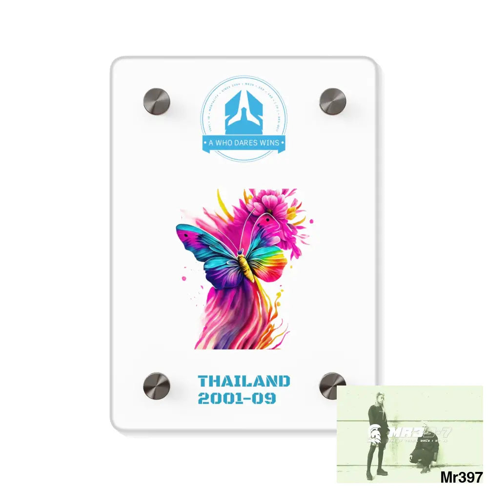 A Who Dares Wins Thailand 2001--09 Colorful Butterfly in Mid-Flight Acrylic Wall Art Panels 5’’ x 7’’ (Vertical)