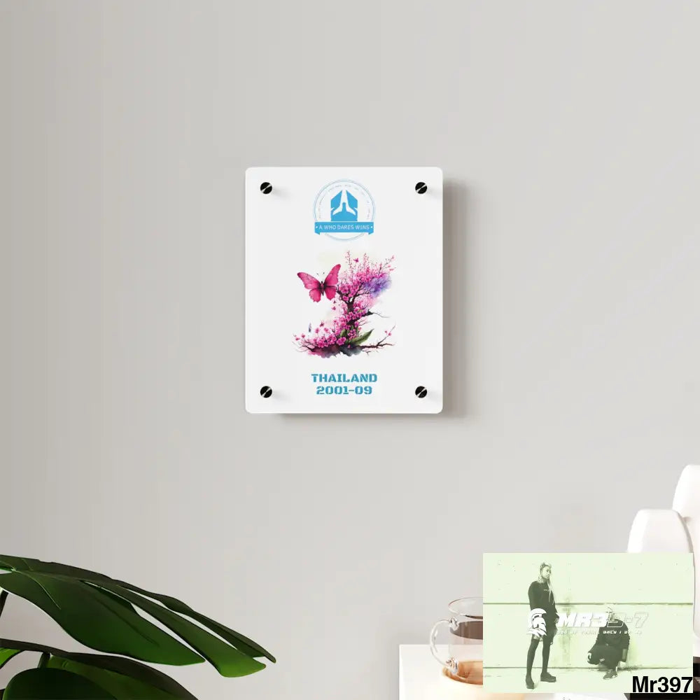 A Who Dares Wins Thailand 2001--09 Pink Butterfly on Ornamental Cherry Tree Branch Acrylic Wall Art Panels Home Decor