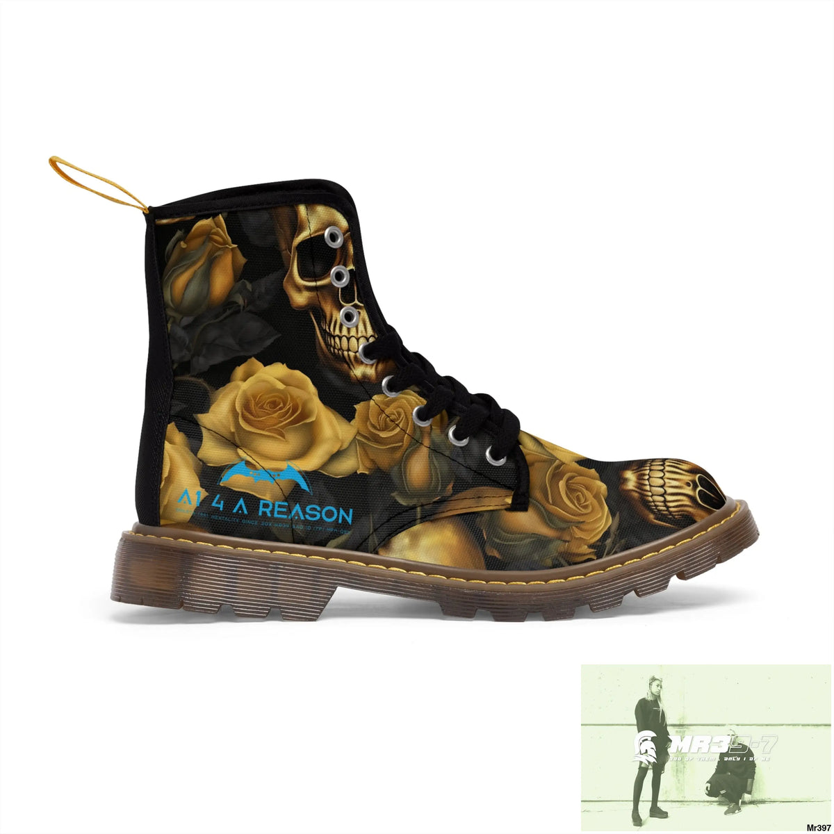 A1 4 A Reason No 2 Gothic Skulls and Gold Roses Canvas Boots AOP Shoes