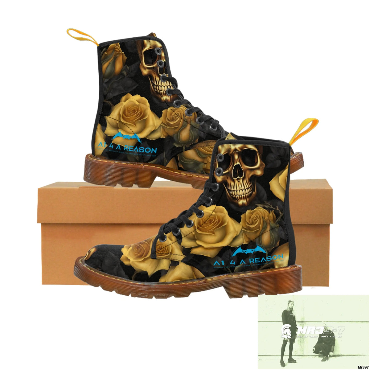 A1 4 A Reason No 2 Gothic Skulls and Gold Roses Canvas Boots AOP Shoes