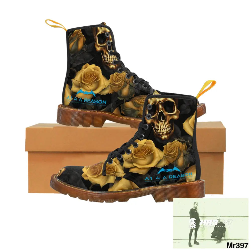 A1 4 A Reason No 2 Gothic Skulls and Gold Roses Canvas Boots AOP Shoes
