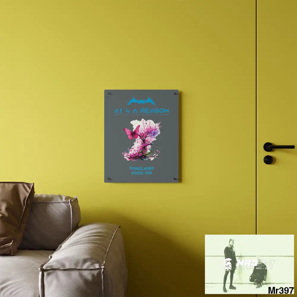 A1 4 A Reason Thailand 2001--09.Pink Butterfly on Ornamental Cherry Tree Branch Acrylic Wall Art Panels Home Decor