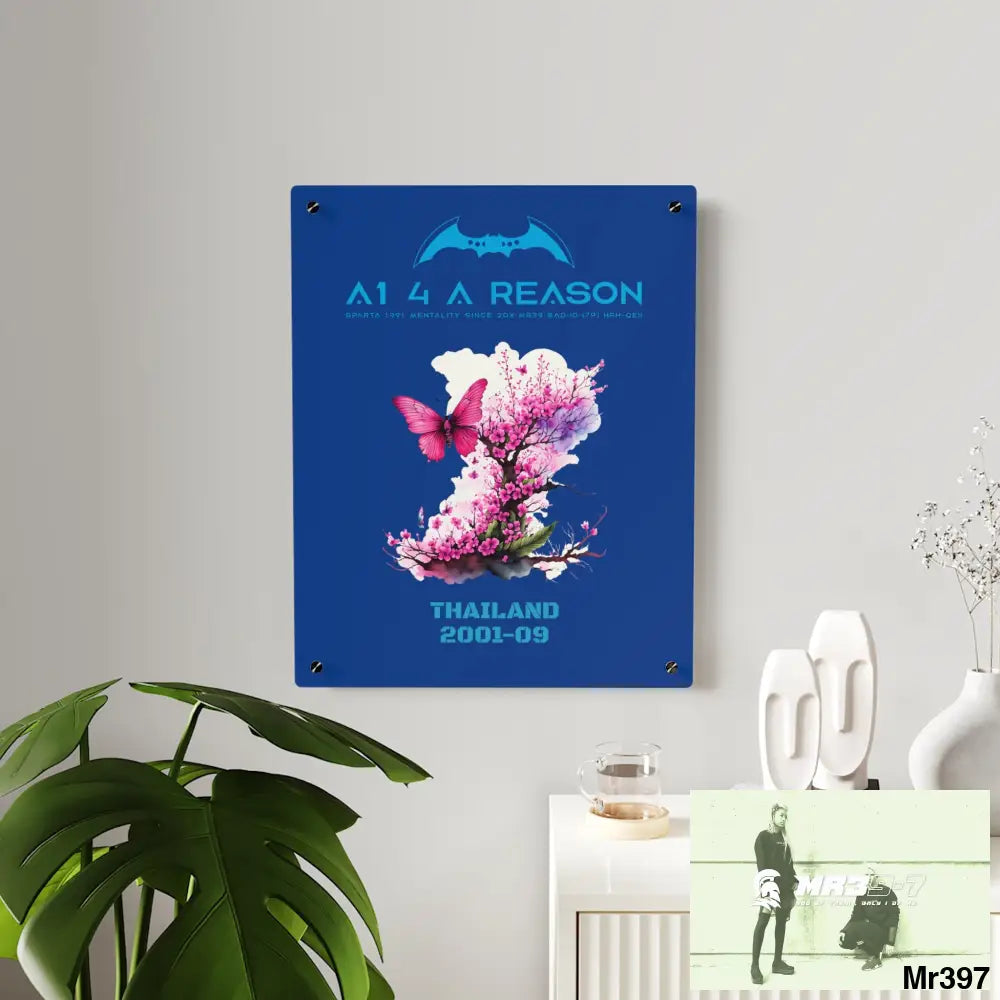 A1 4 A Reason Thailand 2001--09.Pink Butterfly on Ornamental Cherry Tree Branch Acrylic Wall Art Panels Home Decor