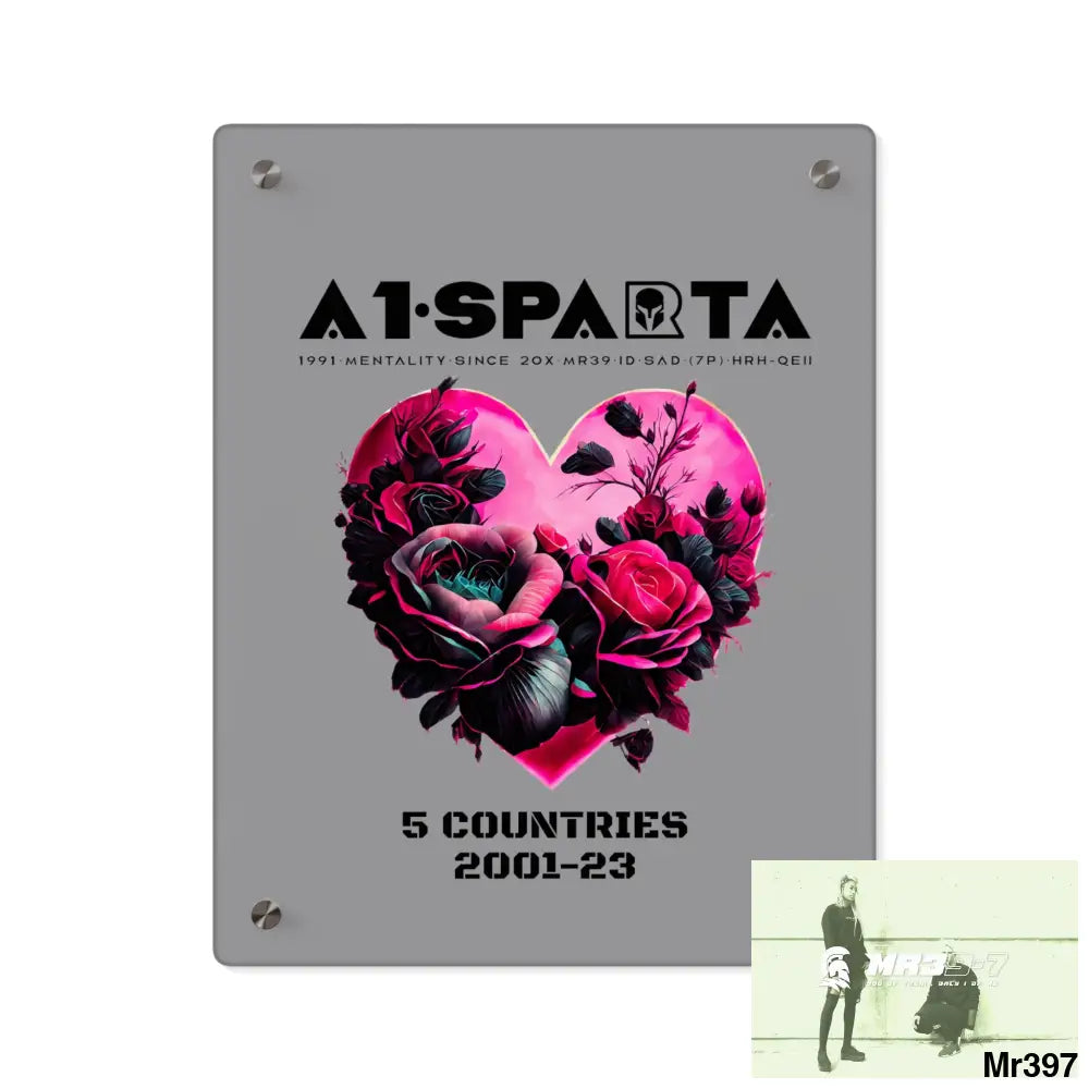 A1-Sparta 5 Countries 2001-23 Heart made of pink roses with black accents Acrylic Wall Art Panels 11″ x 14″ (Vertical)