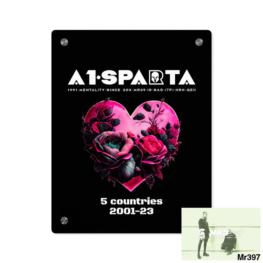 A1-Sparta 5 Countries 2001-23 Heart made of pink roses with black accents- Acrylic Wall Art Panels 11″ x 14″ (Vertical)