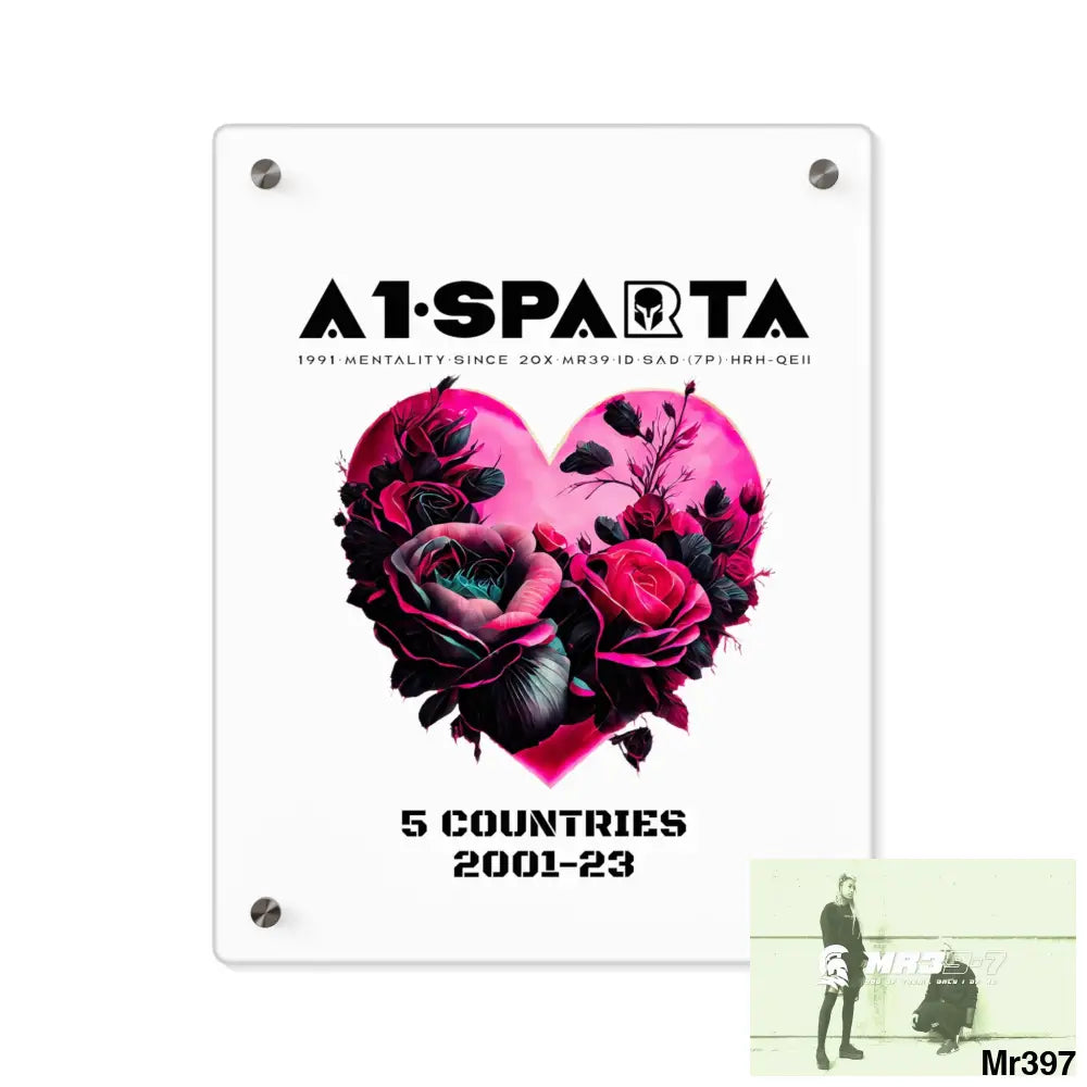 A1-Sparta 5 Countries 2001-23 Heart made of pink roses with black accents Acrylic Wall Art Panels 11″ x 14″ (Vertical)