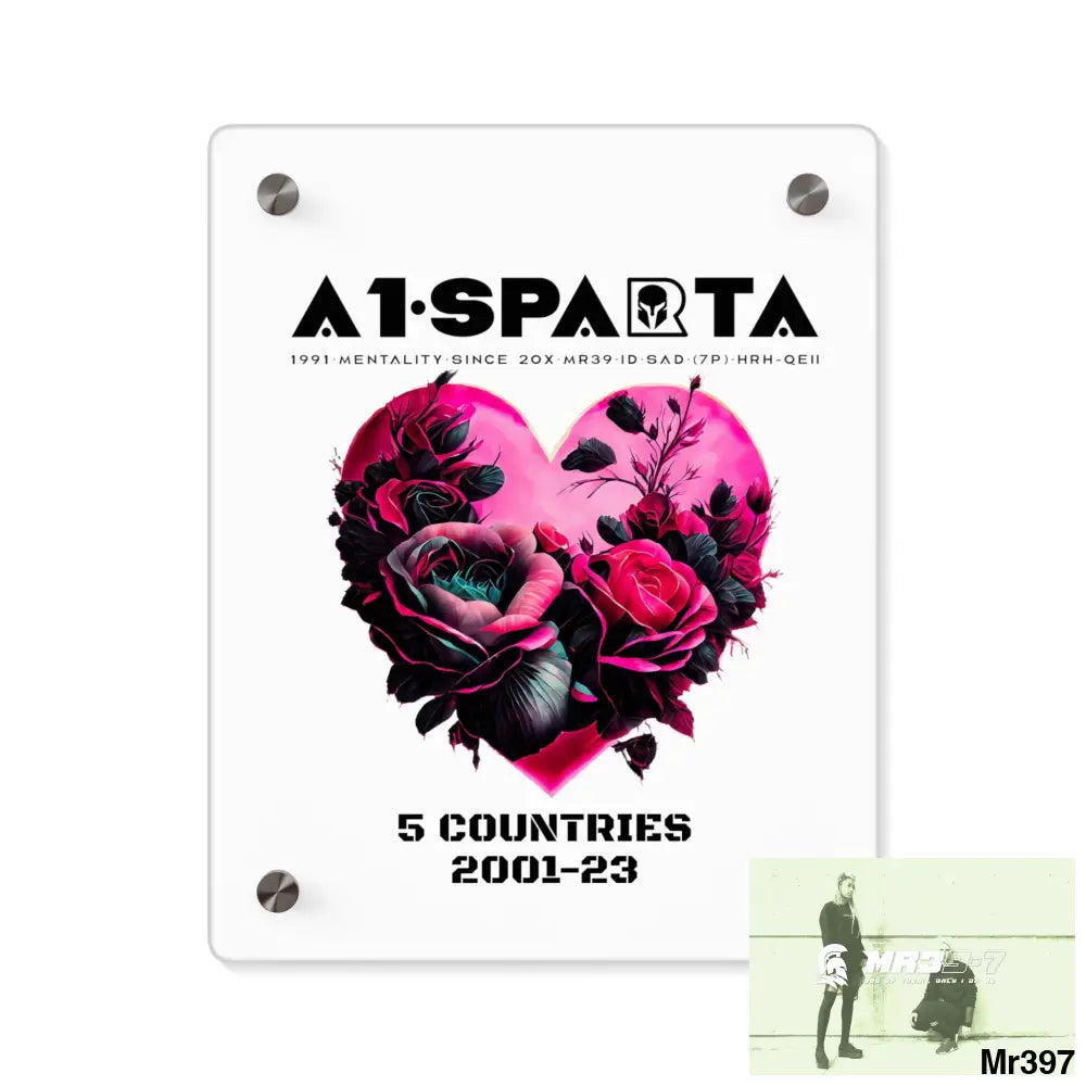 A1-Sparta 5 Countries 2001-23 Heart made of pink roses with black accents Acrylic Wall Art Panels 8″ x 10″ (Vertical)