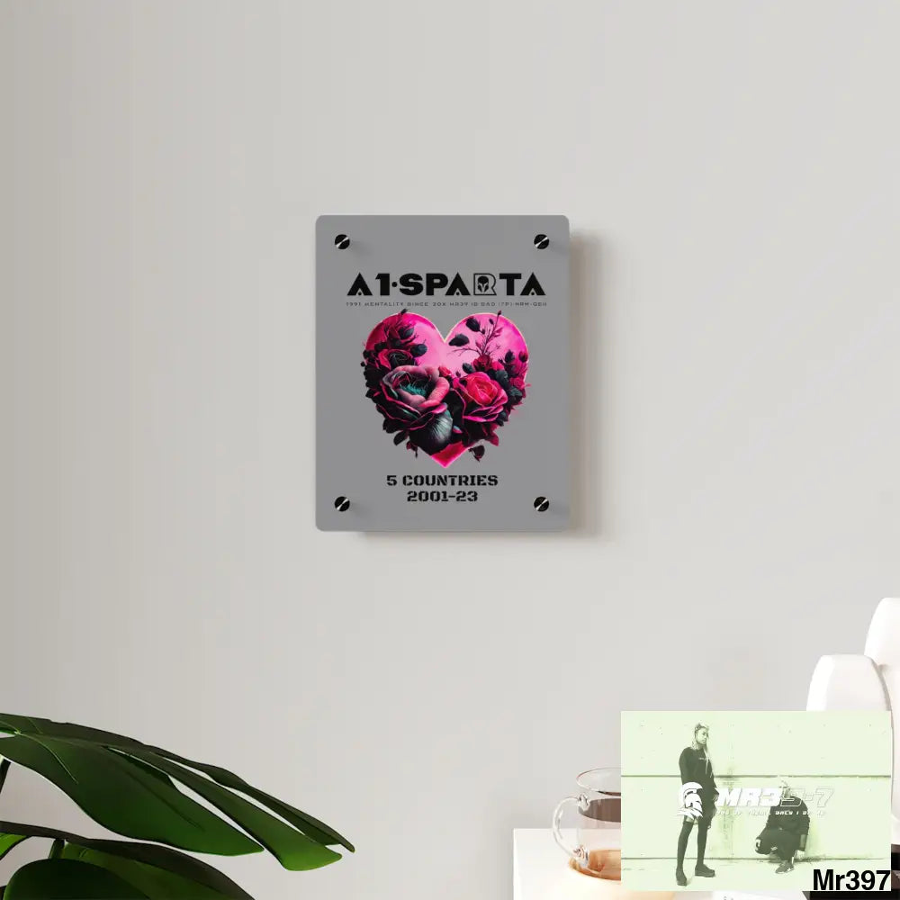 A1-Sparta 5 Countries 2001-23 Heart made of pink roses with black accents Acrylic Wall Art Panels Home Decor