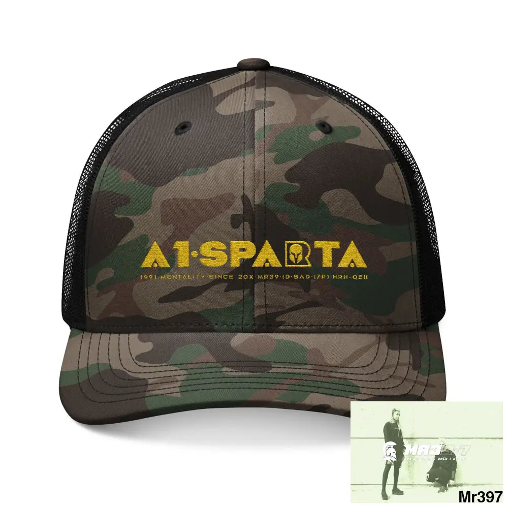 A1 Sparta Camouflage Trucker Hat with Embroidery | Military Style Cap Outdoor Adventure Gear Hunting Accessories Casual