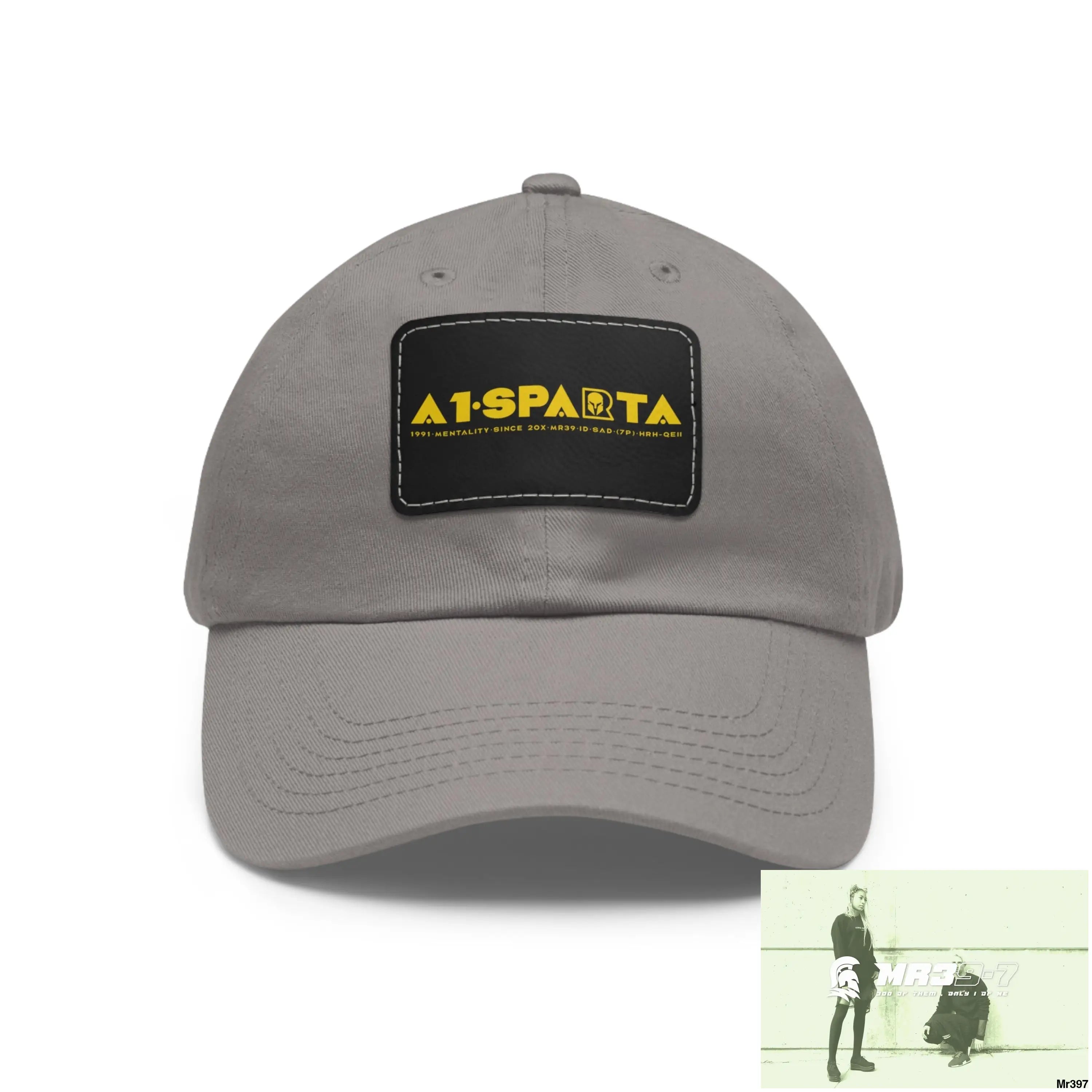 A1•Sparta Dad Hat with Leather Patch (Rectangle) Grey / Black patch / Rectangle / One size Hats