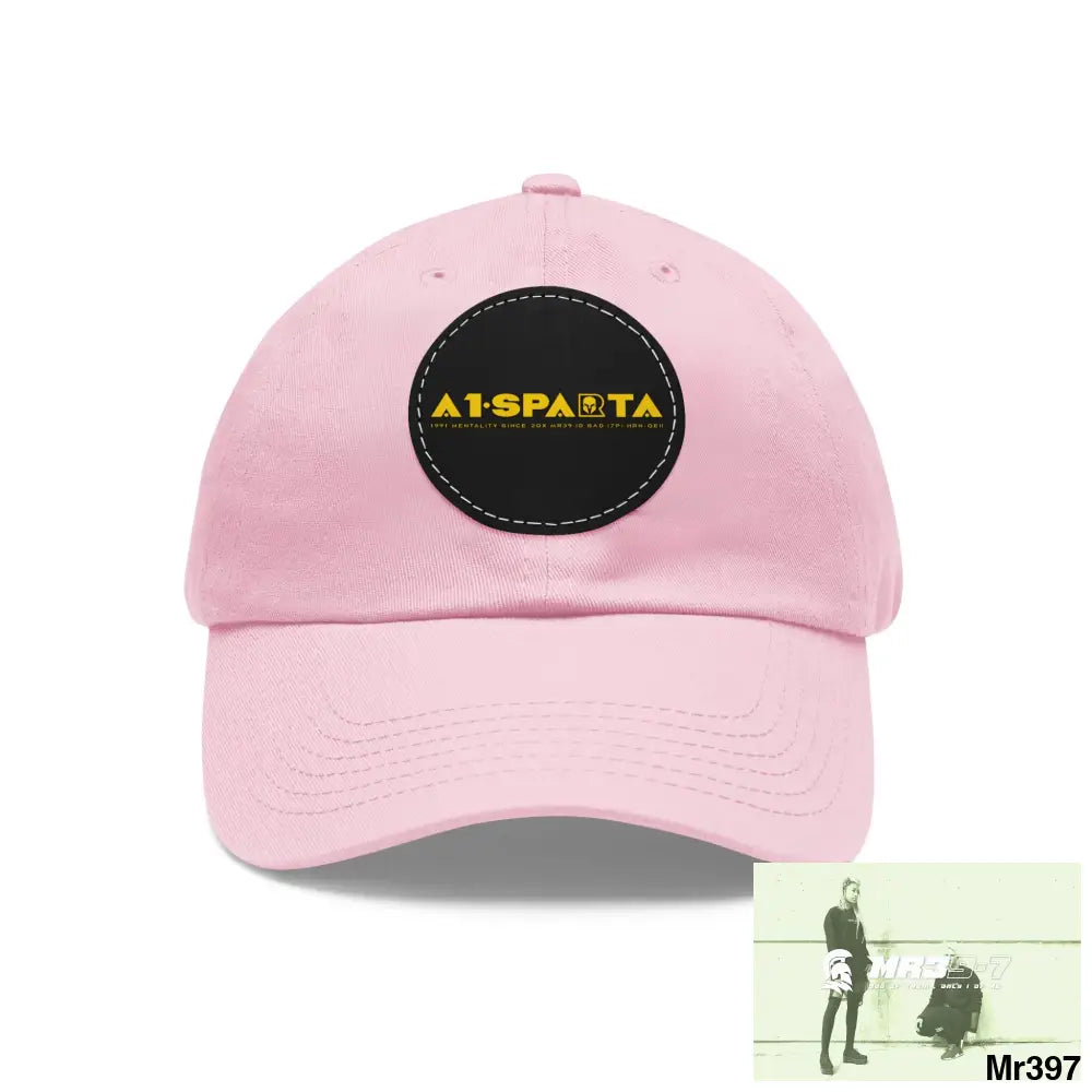 A1.Sparta Dad Hat with Leather Patch (Round) Light Pink / Black patch / Circle / One size Hats