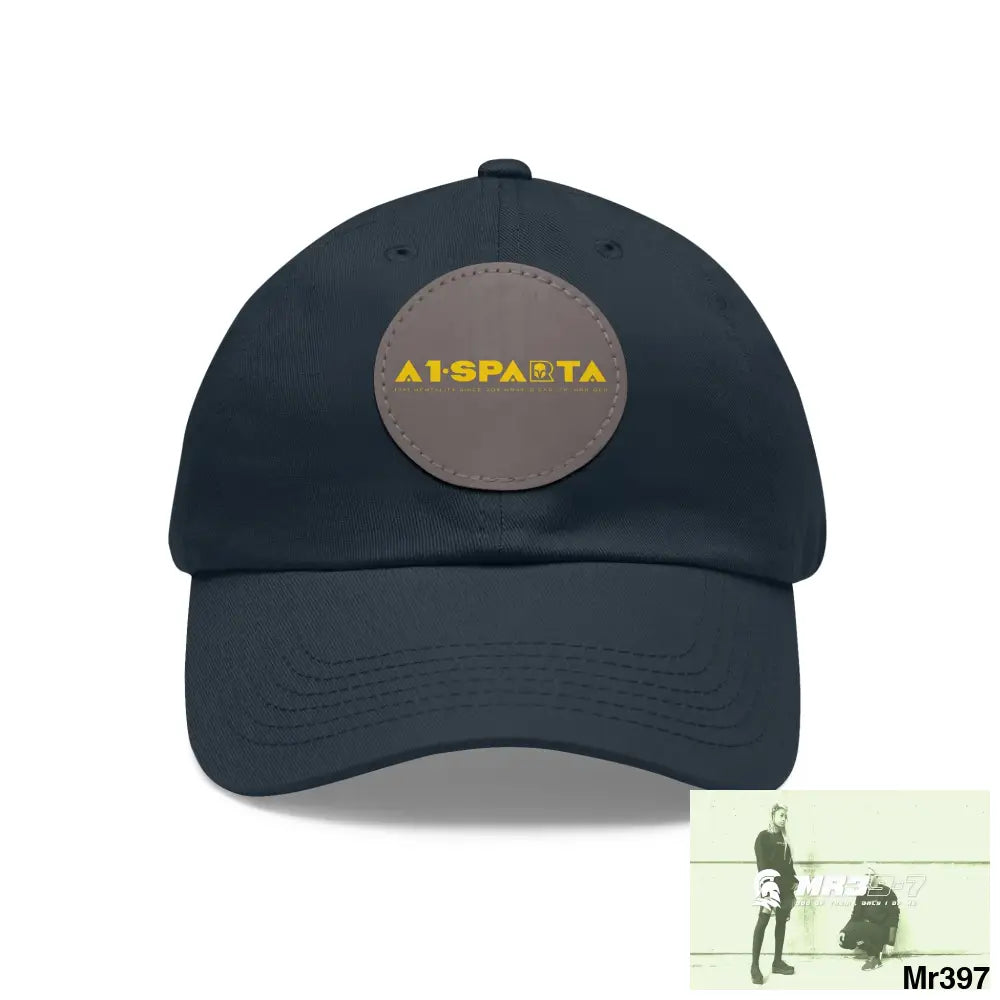 A1.Sparta Dad Hat with Leather Patch (Round) Navy / Grey patch / Circle / One size Hats