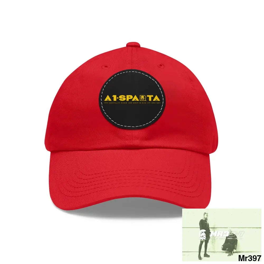 A1.Sparta Dad Hat with Leather Patch (Round) Red / Black patch / Circle / One size Hats