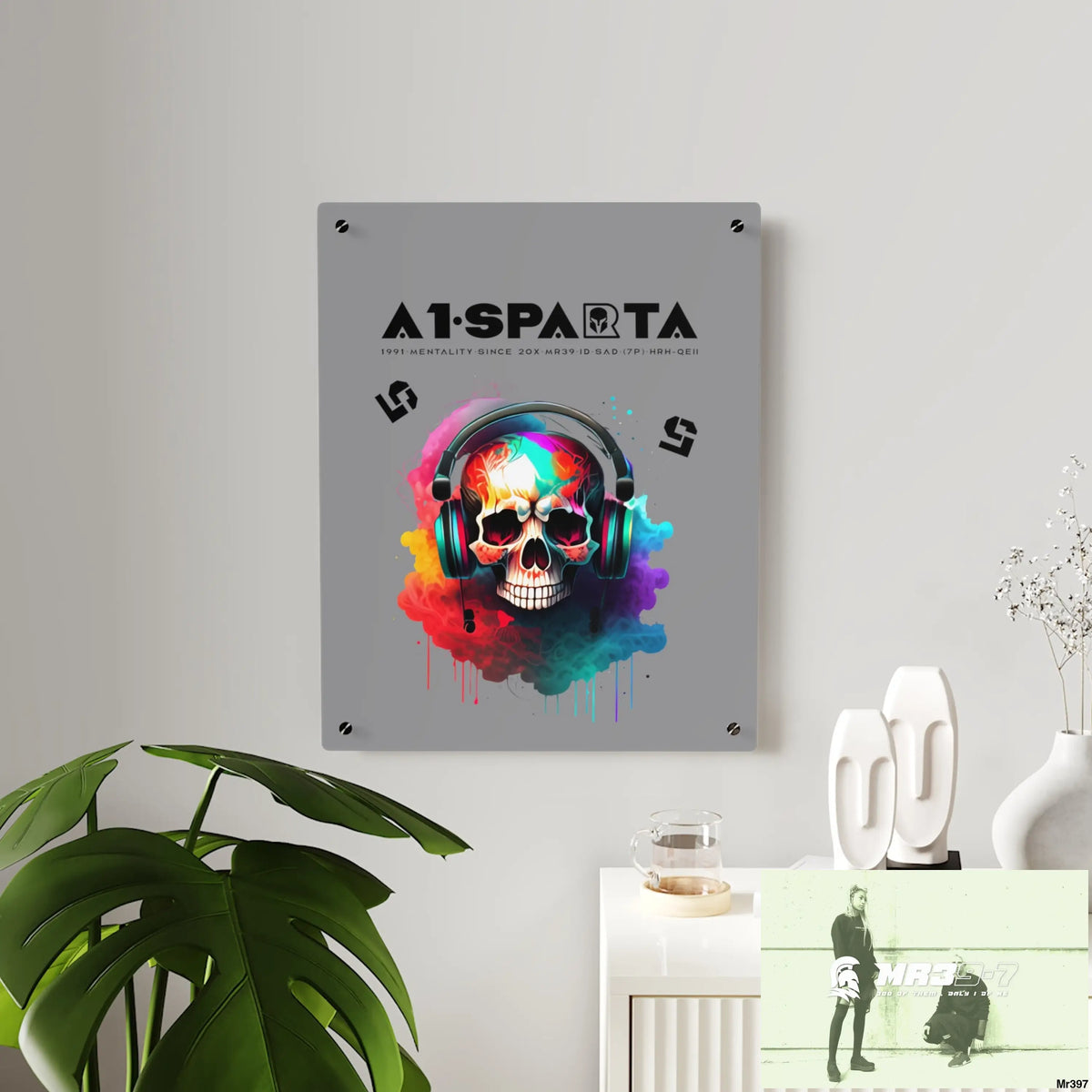 A1-Sparta E + 5 Colourful Skull Headphones Acrylic Wall Art Panels Home Decor