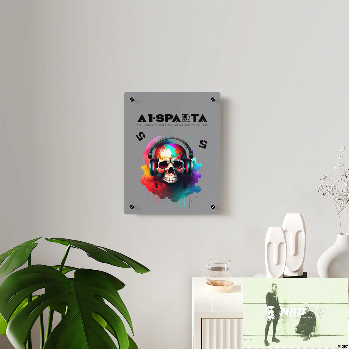A1-Sparta E + 5 Colourful Skull Headphones Acrylic Wall Art Panels Home Decor