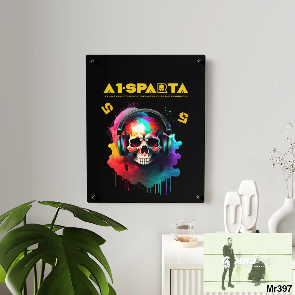 A1-Sparta E + 5 Colourful Skull Headphones Acrylic Wall Art Panels Home Decor