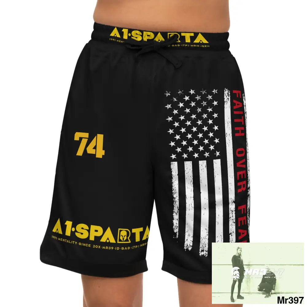 A1.Sparta Faith over Fear Basketball Rib Shorts (AOP) L / Black drawstring and rib All Over Prints