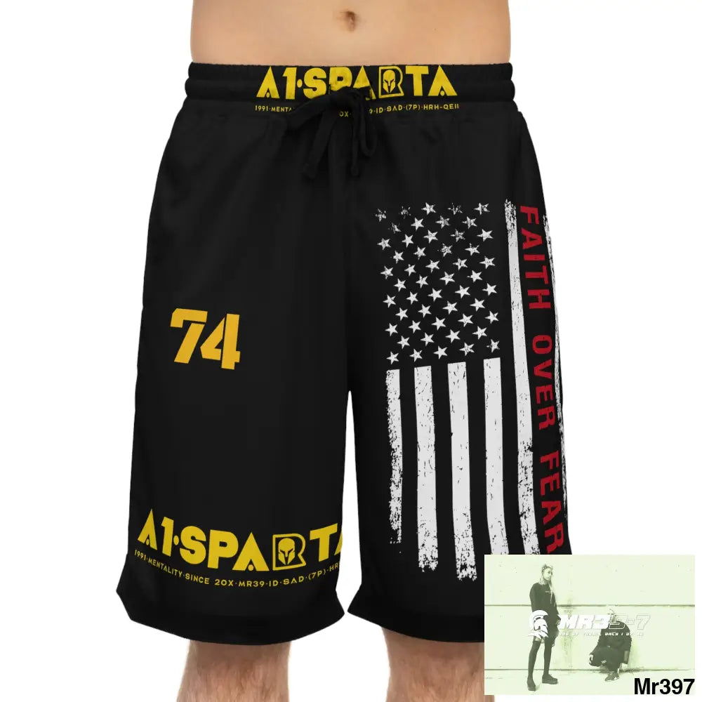 A1.Sparta Faith over Fear Basketball Rib Shorts (AOP) L / Black drawstring and rib All Over Prints
