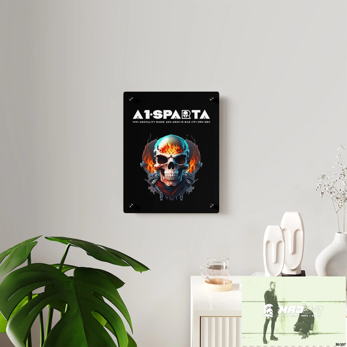 A1-Sparta Flame Biker Skull Graphic Acrylic Wall Art Panels Home Decor