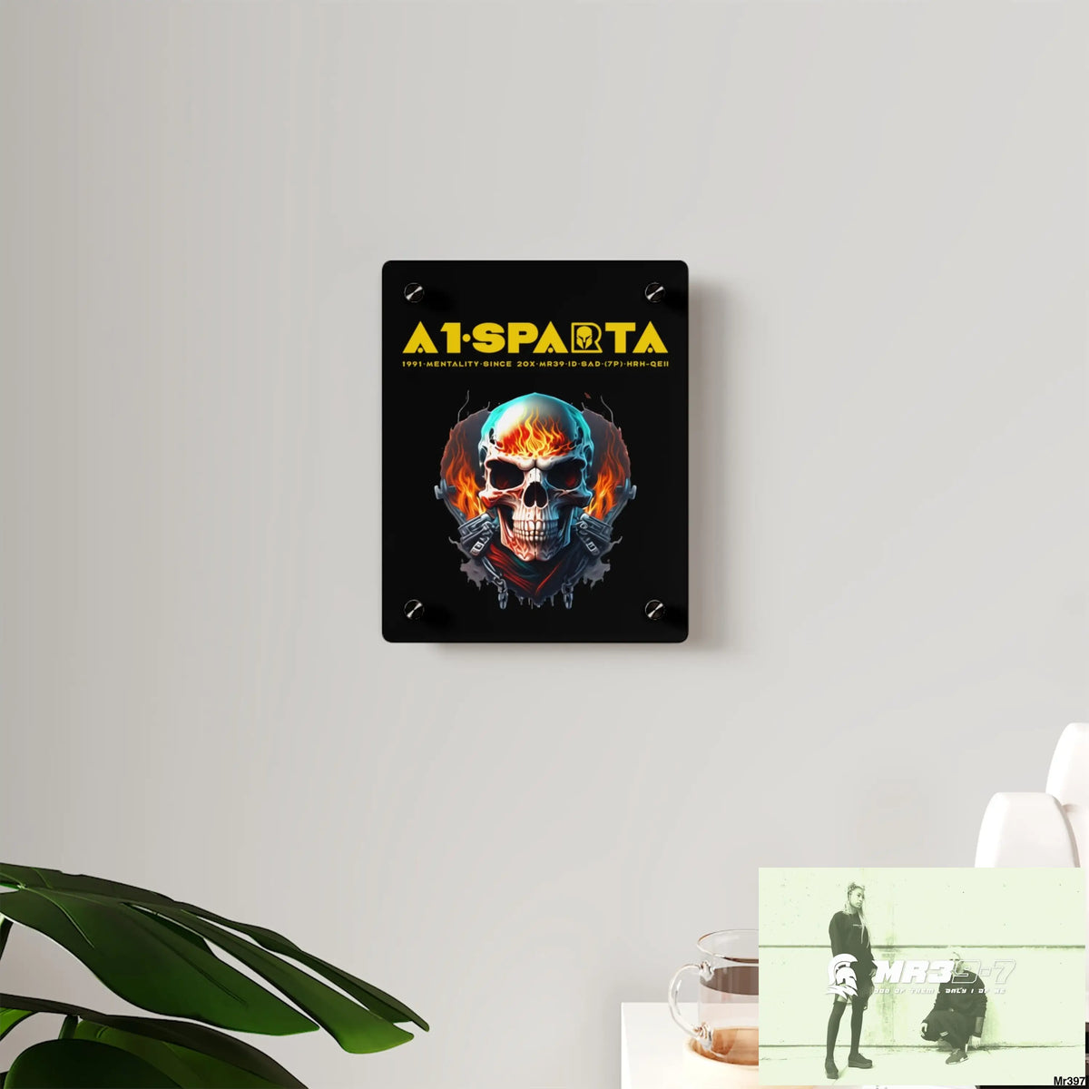A1-Sparta Flame Biker Skull Graphic Acrylic Wall Art Panels Home Decor