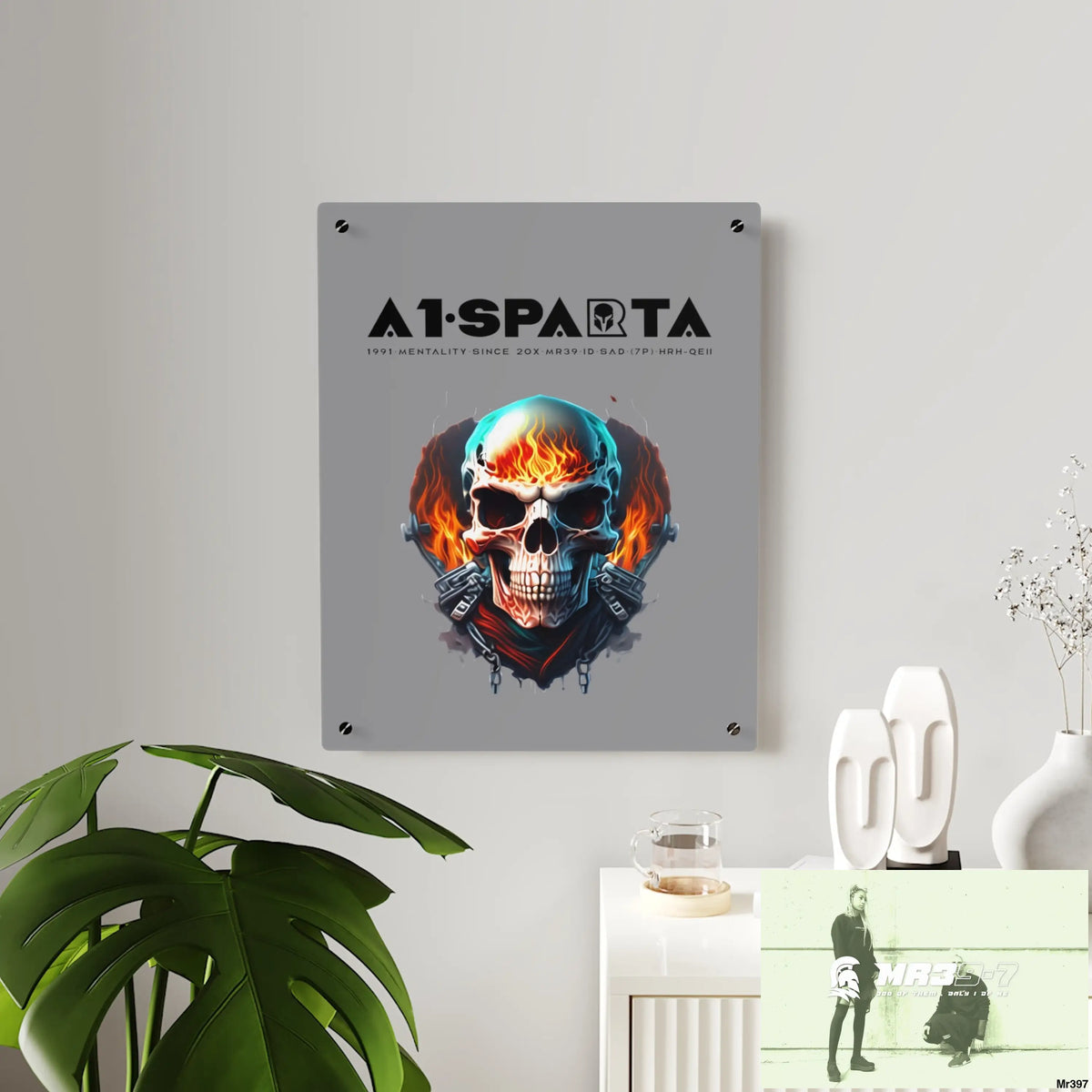 A1-Sparta Flame Biker Skull Graphic Acrylic Wall Art Panels Home Decor