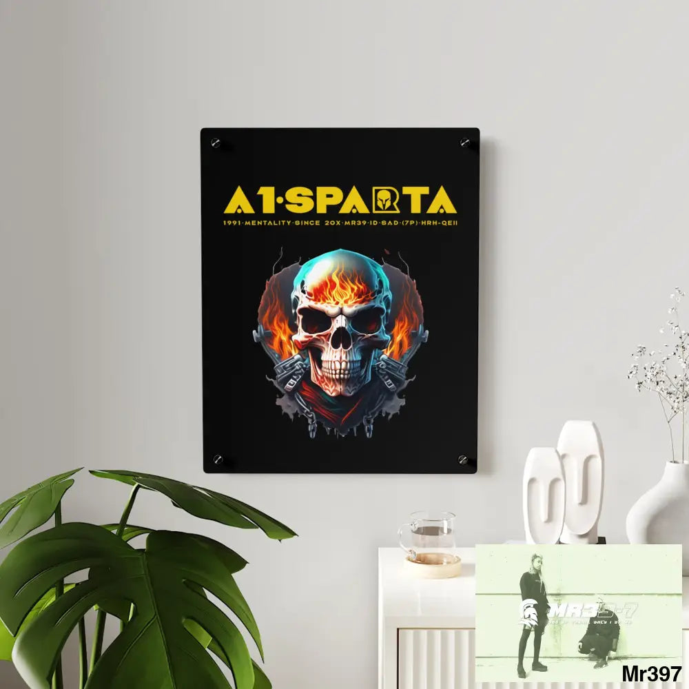A1-Sparta Flame Biker Skull Graphic Acrylic Wall Art Panels Home Decor